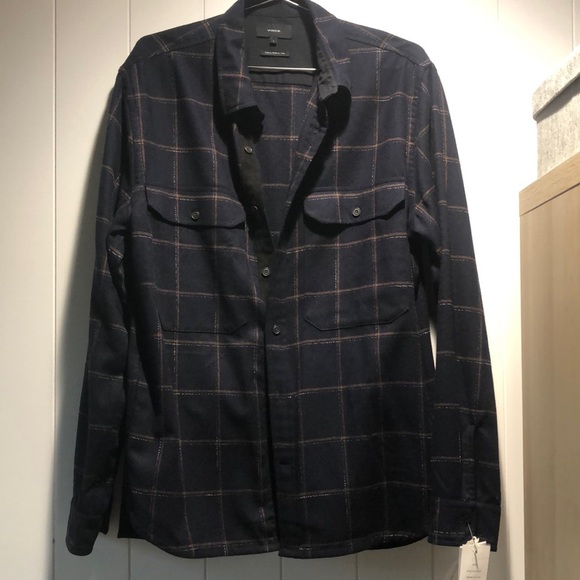 NWT Vince Mens wool blend plaid shirt jacket multi pocket navy main L - Picture 1 of 11